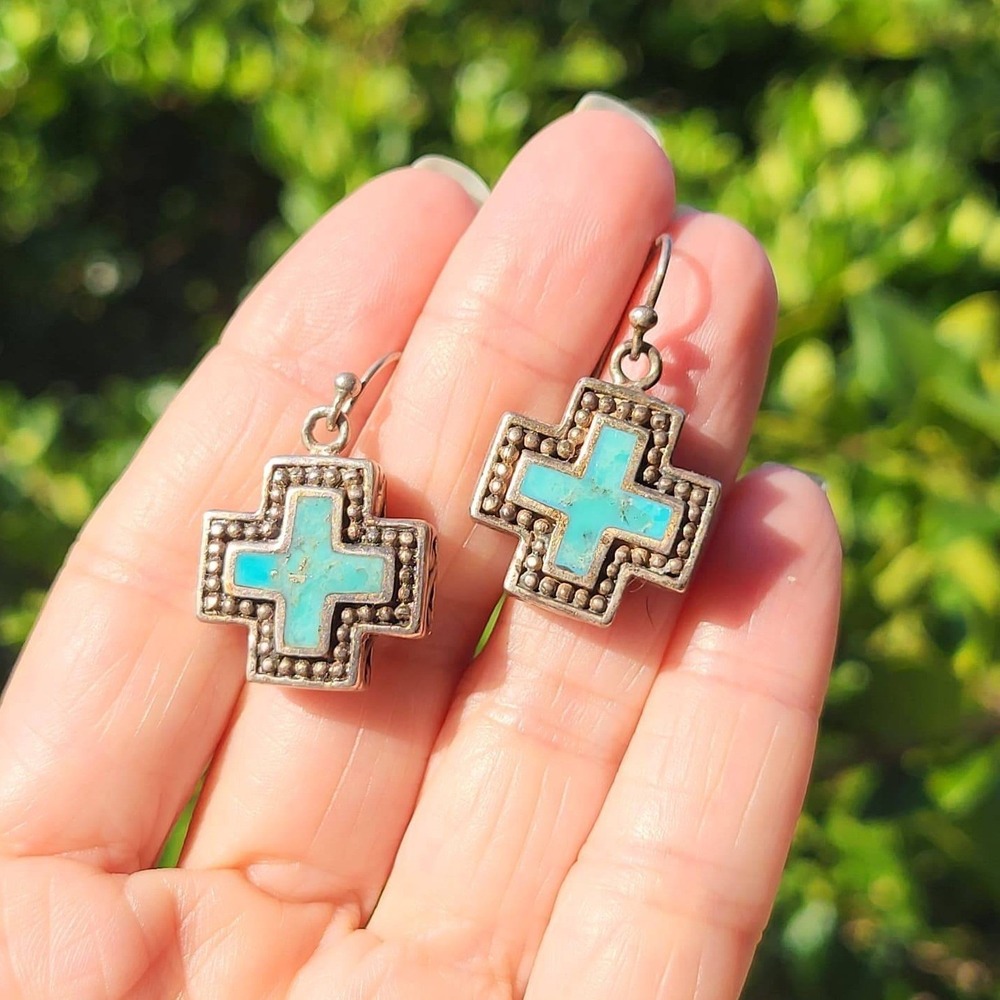 Vintage Sterling Silver Genuine Turquoise Cross Earrings Inlay Drop Dangle 20 g